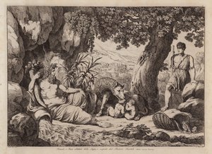 Romulus ja Remus suden imettäminä ja paimen Faustuluksen löytäminä (etsaus) tekijältä Bartolomeo Pinelli