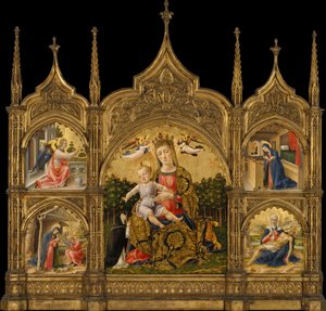 Nöyrä Madonna, Marian ilmestys, syntymäjumalanpalvelus ja Pietà, n.1465 (tempera ja kulta puulle).