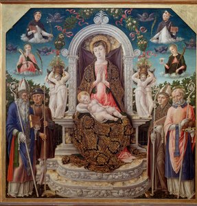 Neitsyt ja lapsi valtaistuimella Pyhän Augustinuksen, Saint Rochin, Pyhän Ludvig Toulousen (Anjou), Pyhän Nikolauksen Myren ympäröimänä ja taivaassa Pyhä Katariina, Pyhä Dominica, Pyhä Pietari marttyyri (Verona) ja Pyhä Maria Madeleine (Neitsyt lapsen kans