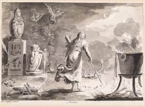Medea. Nainen selkä käännettynä matelijoiden, merieläinten, noidan patan ja egyptiläisten patsaiden välissä kirjoittaa noituusriimuja yöllä ympyrässä maassa. tekijältä Bartolomeo d
