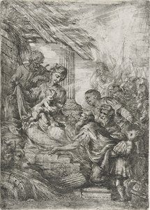 Kuninkaiden palvonta (Viisaiden miesten uhri), vuoden 1657 jälkeen (etsaus paperille) tekijältä Bartolommeo Biscaino