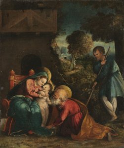 Pyhä perhe ja paimen, 1520-luvun alku (öljy kankaalle).