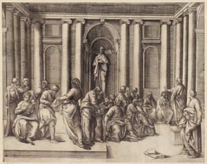 Zwölfjähriger Jesus diskutiert mit den Tempelgelehrten tekijältä Battista Franco