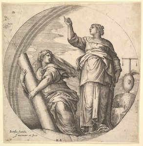 Fortitude and Justice, allegorinen sävellys pyöreässä muodossa, jossa Fortitude g..., n. 1530-61.