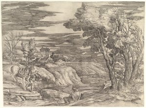 Maisema ratsumiehen ja sulhasen kanssa, n. 1552-61. tekijältä Battista Franco Veneziano