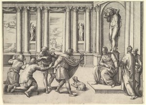 Mies istuu Bacchus-patsaan alla, vastaanottamassa yleisöä, n. 1530-61.