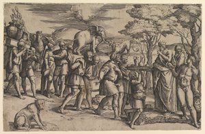 Melkisedek tarjoaa leipää ja viiniä Abrahamille, n. 1547. tekijältä Battista Franco Veneziano