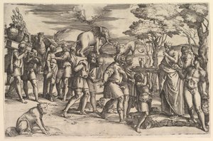 Melkisedek tarjoaa leipää ja viiniä Abrahamille, n. 1547. tekijältä Battista Franco Veneziano