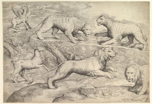 Kuusi eläintä, mukaan lukien leijonat, tiikeri, leopardi, griffin ja vuohi, n. 1530-61.