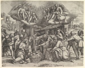 Paimenten palvonta enkelien yläpuolella, n. 1530-61. tekijältä Battista Franco Veneziano