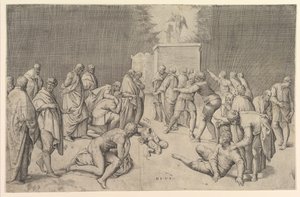 Filistealaiset asettavat liitonarkin Dagonin temppeliin, n. 1540.