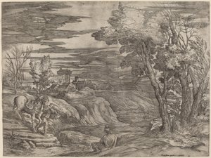 Maisema, jossa mies johtaa hevosta tekijältä Battista Franco after Titian
