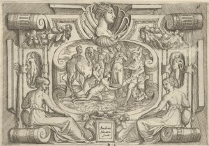 Mies ja nainen tarjoavat lautasen kolikoita valtaistuimella istuvalle kuninkaalle, asetettuna..., noin. 1540-80.