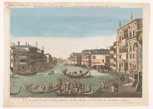 Gezicht op de Canal Grande met gondels, het Palazzo Balbori en de Ponte Rialto te Venetië Canal Grande, Balborin palatsi, Realton silta ja gondolifestivaali Venetsiassa (otsikko esineessä) tekijältä Beauvais