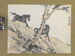 Kaksi hevosta mäenrinteellä, 1900-luvun alku (tussi ja väri paperille). tekijältä Beihong Xu