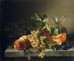 Asetelma hedelmillä kivireunuksella, 1858 tekijältä Bela Schaffer