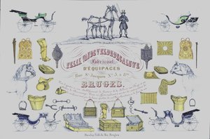 Felix Van de Velde-Decaluwe, hevosvaunujen valmistaja, Brugge, Belgia, mainos (värilitografia). tekijältä Belgian School