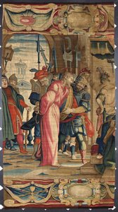 Kristus ja Pontius Pilatus Brysselin tehtaissa valmistettu kuvakudos. 1500-luvun Genes, Musei di Strada Nuova tekijältä Belgian School