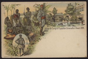 Kongolainen kylä esillä Exposition Internationale d"Anversissa, Antwerpenissä, Belgiassa, 1894 tekijältä Belgian School