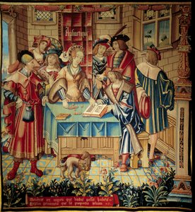 Vapaita taiteita kuvaava verho: Aritmetiikka. Villa- ja silkkikudos valmistettu noin 1520 Tournaissa. Aurinko 3,1x2,9 m Pariisi, keskiajan kansallismuseo, Thermes de Cluny tekijältä Belgian School