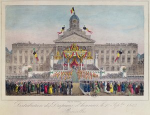 Kunnialippujen jako Brysselissä 27. syyskuuta 1832, 1832 (värikaiverrus) tekijältä Belgian School