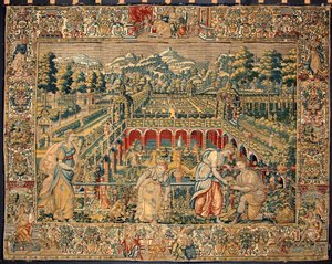 Hedelmien sadonkorjuu. Gobeliini Brysselin tehtaista. 1500-luvun Genes, Musei di Strada Nuova. tekijältä Belgian School
