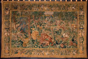 Metsästyskohtaus Gobeliini, joka on valmistettu Brysselin manufaktuurissa. 1500-luku Genes, Musei di Strada Nuova. tekijältä Belgian School