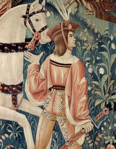 Keskiaika: haukkametsästyksen alku, hevosen selässä. Yksityiskohta silkki- ja villakuidosta 1500-luvun alusta. Hainautista. Pariisi, Keskiajan kansallismuseo, Thermes de Cluny tekijältä Belgian School