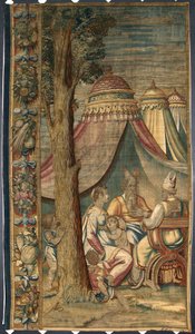Moise ja Jetro ja Sephora Dionys Martenszin tekemä kuvakudos Luca Cambiason (1527-1584) Brysselin manufaktuurissa 1561-1564 valmistamien kartonkien mukaan Dim. 391x141,2 cm Genes, Strada Nuovan museot tekijältä Belgian School