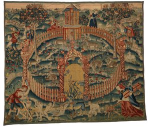 Tapetti, Park au Cerfs, valmistettu Tournaissa, Belgiassa, n. 1500 (villa) tekijältä Belgian School