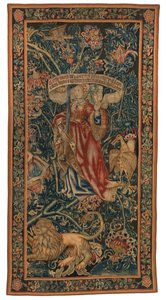 Tapestry, Sibylla Europa (yksi kuudesta Sibylistä, jotka sisältävät 46.134-45.139), nimeltään "Rothamsted Tapestries". Valmistettu Flanderissa, Tournaissa tai Brysselissä, Belgiassa, n. 1530 (villa) tekijältä Belgian School