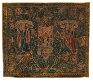 Tapestry, Sibylla Libya ja Europa (yksi kuudesta Sibyllasta, sisältää 46.134-46.139), nimeltään "Rothamsted Tapestries", valmistettu Flanderissa, Tournaissa tai Brysselissä, Belgiassa, noin 1530 (villa) tekijältä Belgian School