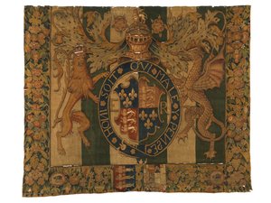 Kuvakudos Edward VI:n kuninkaallisilla käsivarsilla ja Arms of Le Grysillä, valmistettu luultavasti Enghienissa, Flanderissa, Belgiassa, n. 1547-53 (villa) tekijältä Belgian School