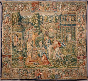 Pomonen (Pomona) hedelmänymfin lahjat Brysselin valmistajien kuvakudos. 1500-luvun Genes, Musei di Strada Nuova tekijältä Belgian School