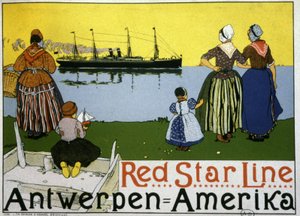 Atlantin ylittävä linjaliikenne Antwerpen/Amerikka. Red Star Line -yhtiön mainos, noin 1900 (vedos). tekijältä Belgian School