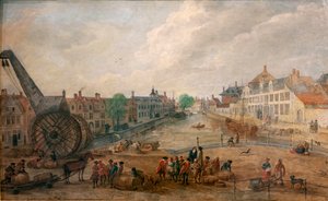 Näkymä Gent Lievekaaista ja Augustijnenkaaista puunosturilla, kopio Engelbert van Siclersin 1700-luvun maalauksesta tekijältä Belgian School