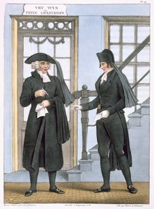 Amsterdamin hautajaisvirkailijat, kuvitus "Alankomaiden kuningaskunnan pohjoisten provinssien pukukokoelmista...", kaiverrettu Villeneuve, 1828 tekijältä Bendrik Greeven