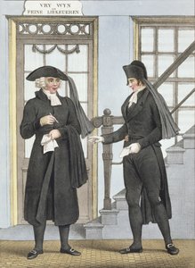 Amsterdamin hautajaisvirkailijat, kuvitus "Alankomaiden kuningaskunnan pohjoisten provinssien pukukokoelmista...", kaiverrettu Villeneuve, 1828 tekijältä Bendrik Greeven