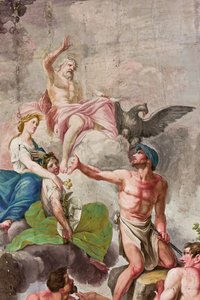 Allegorinen kuvaus Olympuksesta Jupiterin, Ceresin ja Vulcanin kanssa, yksityiskohta työn, maatalouden, taiteiden ja tieteiden apoteoosista (fresko) tekijältä Benedetto Cotarti