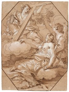 Pyhän Marian Magdaleenan ekstaasi, n. 1715–1719 (kynä ja muste ruskealla pesulla, korotettu valkoisella, kahdeksankulmaiset kehystysviivat ruskealla musteella levitetylle paperille)
