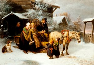 ""Le part de la maison"" Scene dans la region de la Dalecarlie en Sweden (Leaving Home (Dalecarlian Scene) - Bengt Nordenbergin (1822-1902) maalaus - Öljy kankaalle Koko 54,5x78 cm Hallwylska Museum, Tukholma