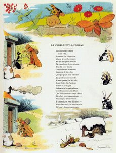 Cicada ja muurahainen, kuvitus Jean de la Fontainen "Fablesista".