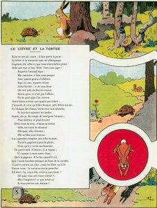 Jänis ja kilpikonna, kuvitus Jean de la Fontainen "Fablesista".