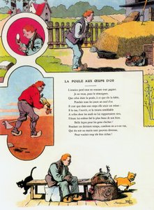 Kana kultamunien kanssa, kuvitus Jean de la Fontainen "Fablesista".