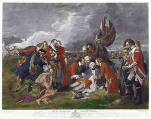 Kenraali Wolfen kuolema" Benjamin Westin maalauksen mukaan. James Wolfe (1727-1759) brittiläisen armeijan komentaja, haavoittui kuolettavasti voittaessaan ranskalaiset Abrahamin tasangon taistelussa Quebecissä. Seitsemänvuotinen sota Kanada Ranska