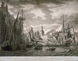 Näkymä Ratcliffen alueelta Lontoossa, rauniot 23. heinäkuuta 1794 tapahtuneen tulipalon jälkeen tekijältä Benjamin Burnell