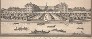 Chelsean kuninkaallisen sairaalan takaosa, julkaistu 1756 (kuparikaiverrus)