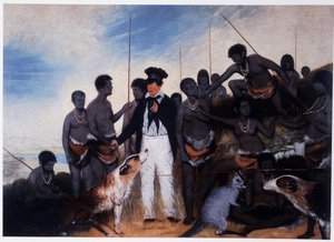 Sovittelu: siirtolaisen tapaaminen ryhmän aboriginaalien kanssa Australiassa - öljy kankaalle, kirjoittanut Benjamin Duterrau