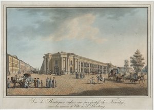 Nevski Prospekt (perspektiivi Nevski) lähellä Suurta Gostiny Dvoria ja kaupungin duumaa Pietarissa - Benjamin Paterssen (1748-1815). Etsaus, akvarelli, vuoden 1802 jälkeen. Pietarin valtionhistoriallinen museo tekijältä Benjamin Patersson