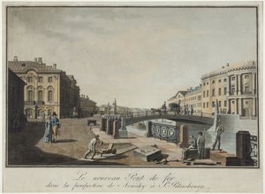 Näkymä Pietarin vihreälle sillalle - Benjamin Paterssen (1748-1815). Etsaus, akvarelli, vuoden 1808 jälkeen. Pietarin valtionhistoriallinen museo